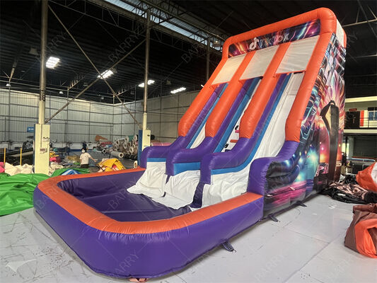 Kommerzielle aufblasbare Rutsche mit Doppelbahn und Pool, trendiges Neon/TikTok-Thema, Trocken-/Nassrutsche für Partyvermietungen & Veranstaltungen, Kinderspielsystem