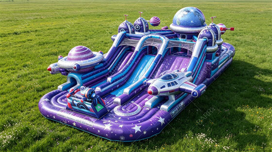 Lila Galaxy Moon Base aufblasbarer Spielplatz | Weltraum-Hüpfburg in kommerzieller Qualität mit Rutschen, Mondgrube und Astronautenfunktionen | Für Vermietungsunternehmen und Festivals