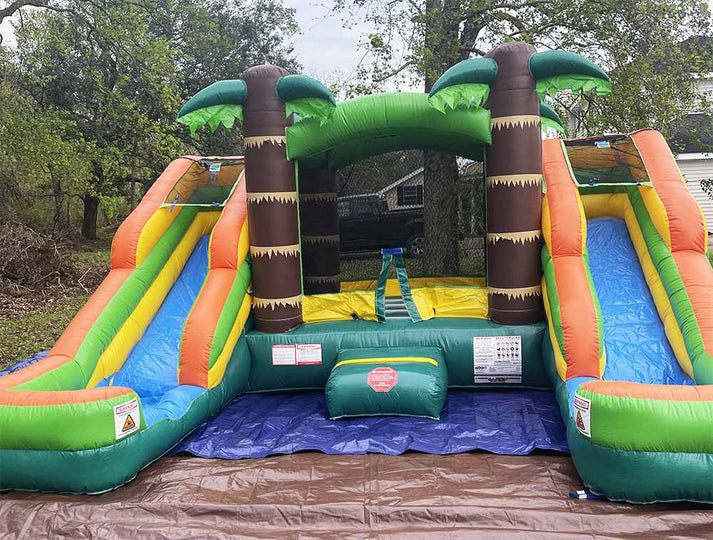 Nasse oder trockene Doppelslide Tropische Sprunghaus Combo Sprungburg für Kinder