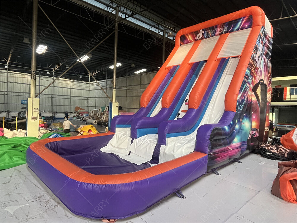 Kommerzielle aufblasbare Rutsche mit Doppelbahn und Pool, trendiges Neon/TikTok-Thema, Trocken-/Nassrutsche für Partyvermietungen & Veranstaltungen, Kinderspielsystem